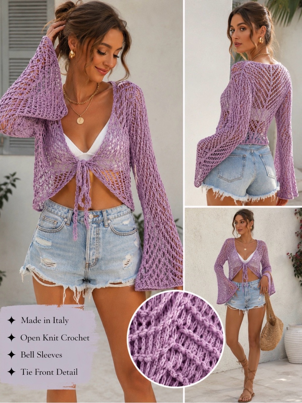 Made in Italy Lavender Crochet Knit Tie Front Bell Sleeve Shrug Boho